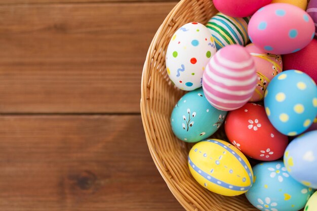 close up of colored easter eggs in basket