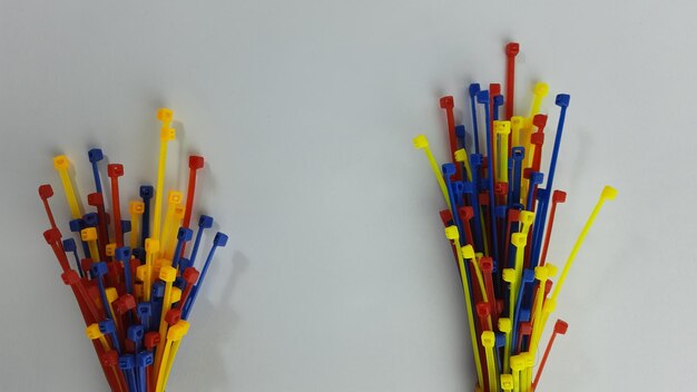 Close-up of colored pencils against white background