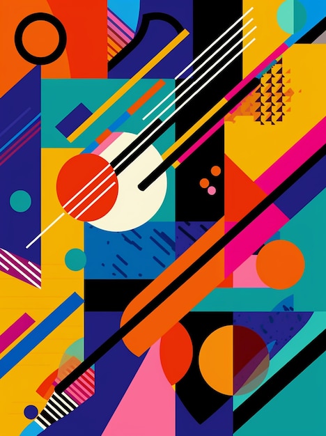 A close up of a colorful abstract design with a guitar generative ai