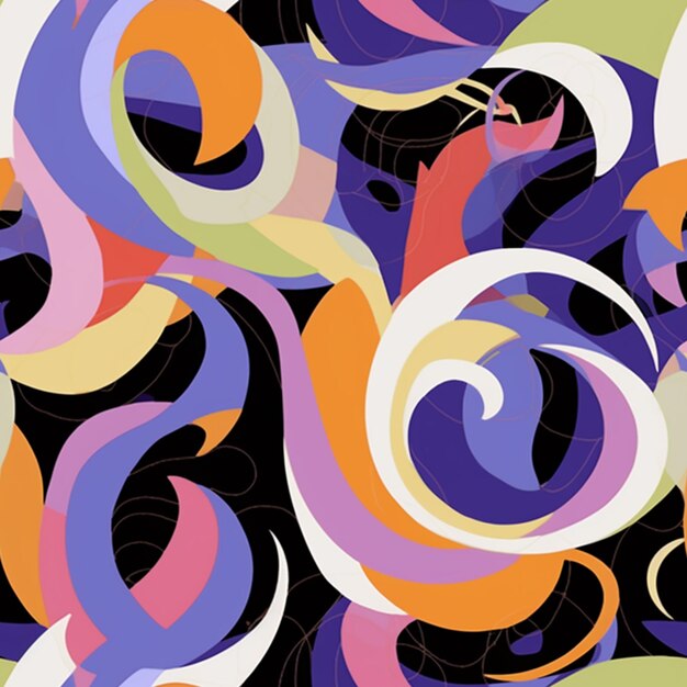 A close up of a colorful abstract painting of swirls and curves generative ai