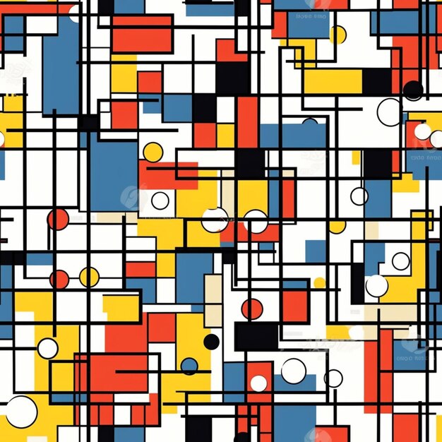 a close up of a colorful abstract pattern with squares and circles generative ai