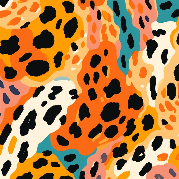 A close up of a colorful animal print fabric with black spots generative ai