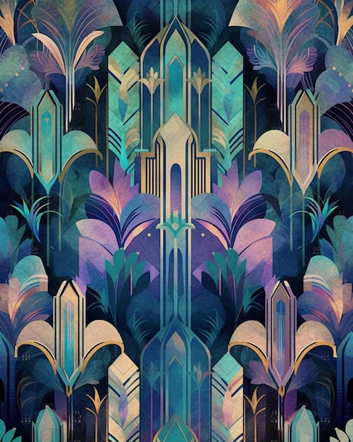 A close up of a colorful art deco wallpaper with a clock generative ai