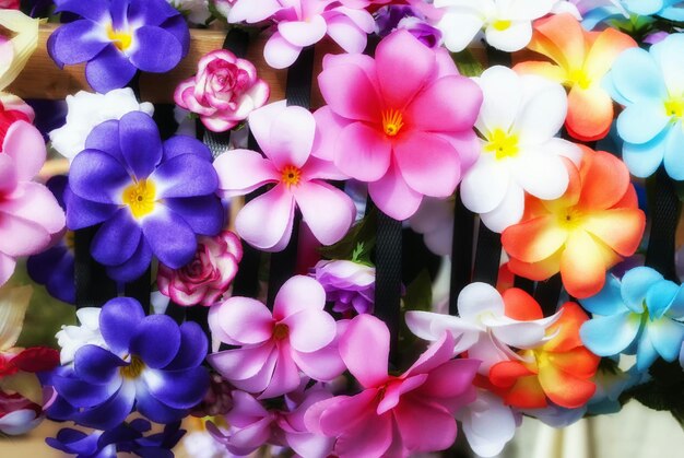 Close-up of colorful artificial decorative flowers