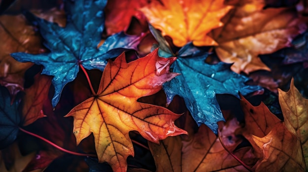 A close up of colorful autumn leaves