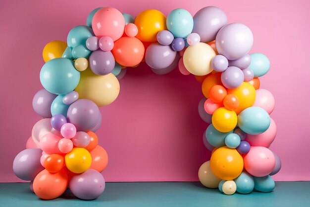 a close up of a colorful balloon arch with many balloons generative ai