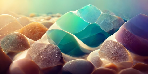 A close up of a colorful beach stones with the word beach on it