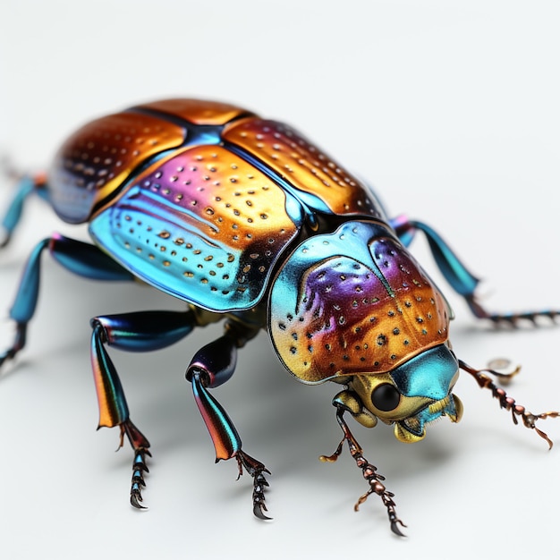 A close up of a colorful beetle on a white surface generative ai