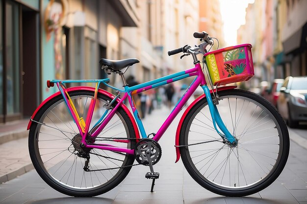 Close up colorful bike in city