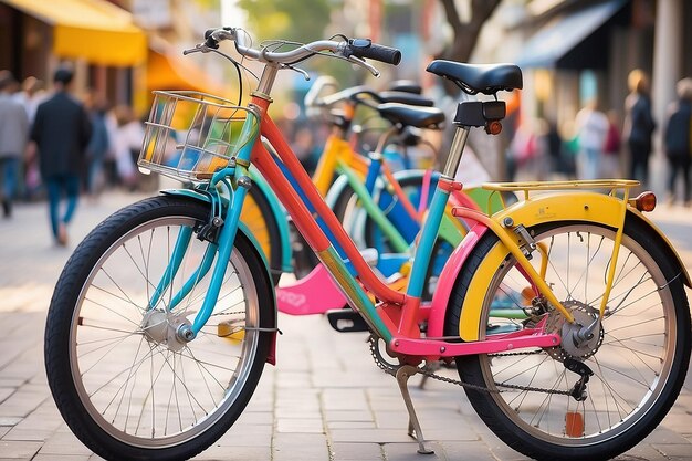 Close up colorful bike in city