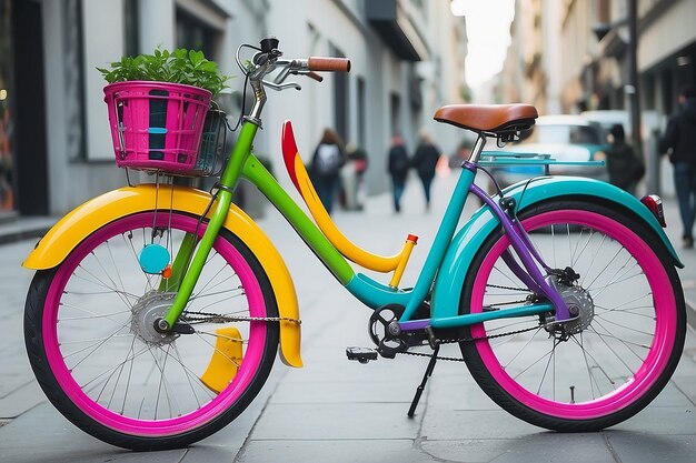 Close up colorful bike in city