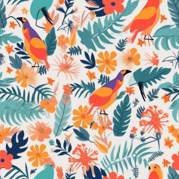 a close up of a colorful bird and flowers on a white background generative ai