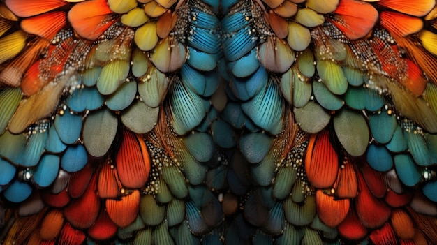 A close up of a colorful bird's wings