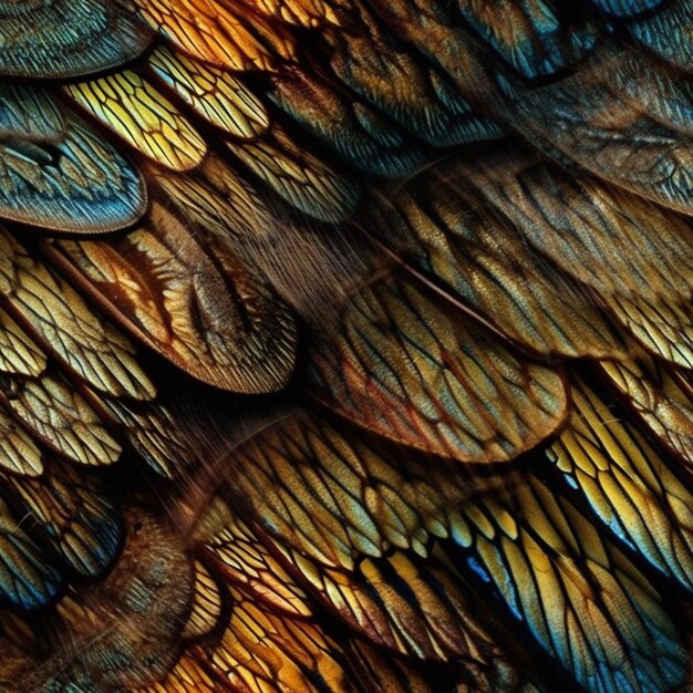 A close up of a colorful bird wing with the colors of the wings.