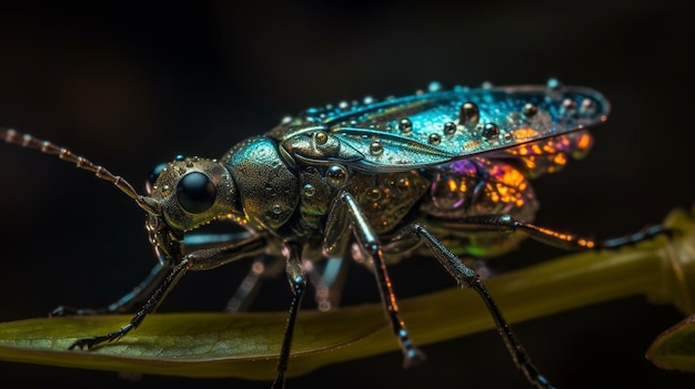 A close up of a colorful bug with rainbow colors on it