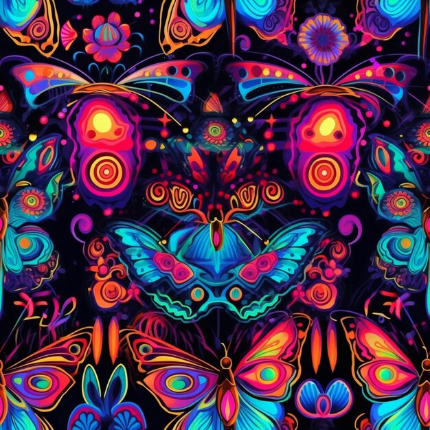 A close up of a colorful butterfly pattern on a black background generative ai