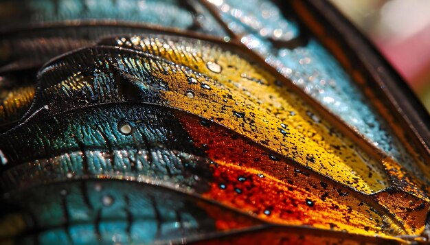 a close up of a colorful butterfly wing