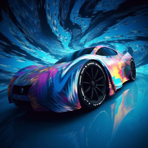 A close up of a colorful car on a blue surface generative ai