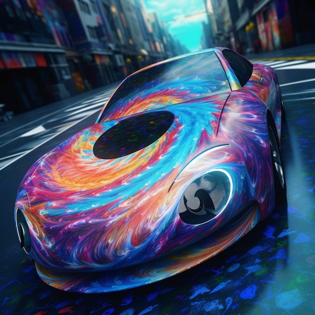 A close up of a colorful car on a city street generative ai