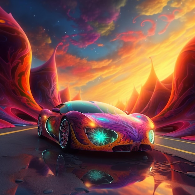 A close up of a colorful car driving on a road generative ai