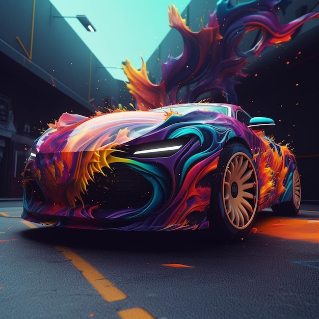 A close up of a colorful car with a fire coming out of it generative ai