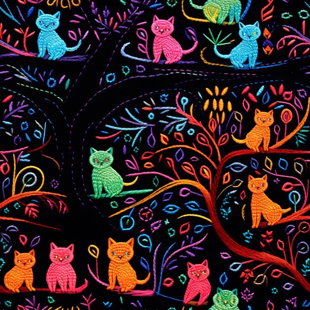 Photo a close up of a colorful cat pattern on a black background generative ai