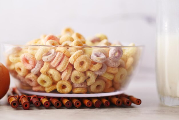 Close up of colorful cereal corn flakes in a bowl