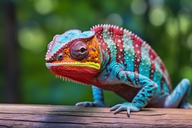 A close up of a colorful chamelon sitting on a log generative ai