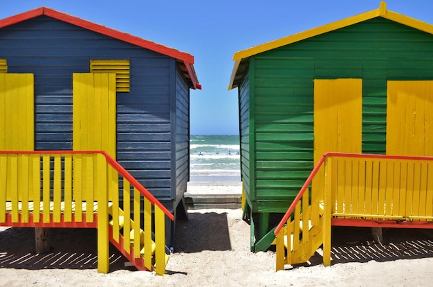 Close up of colorful changing huts in Muizenberg