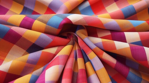 A close up of a colorful checkered fabric with a red generative ai