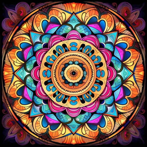 A close up of a colorful circular design on a black background generative ai