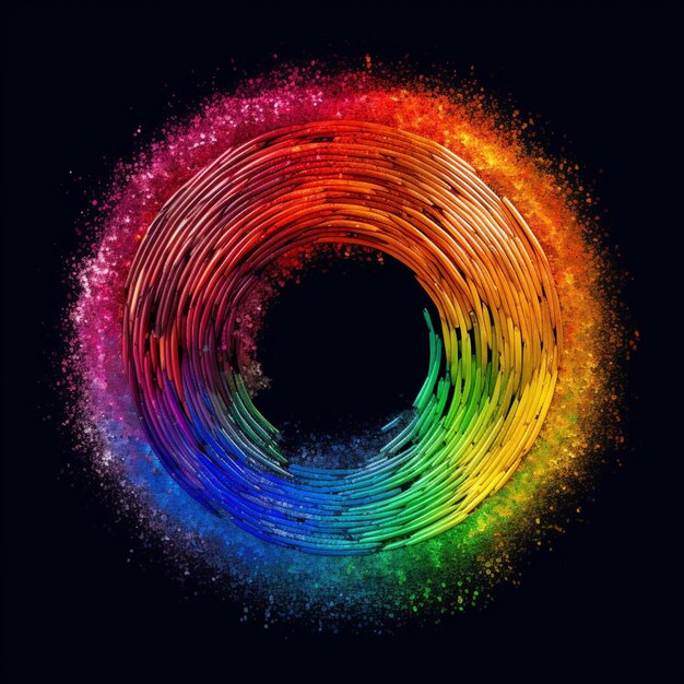 a close up of a colorful circular of powder on a black background generative ai