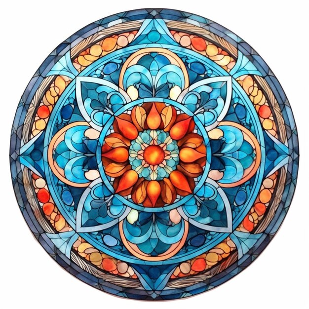 A close up of a colorful circular stained glass plate with a flower generative ai