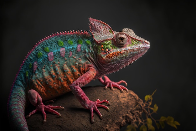 Close up of colorful colored lizard on rock generative ai