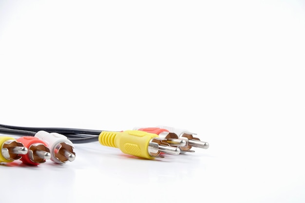 Photo close-up of colorful computer cables over white background