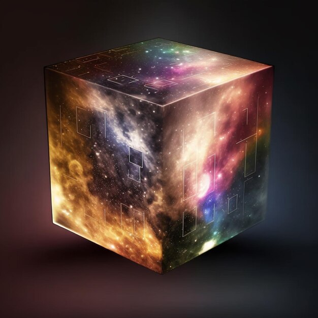 a close up of a colorful cube with a galaxy in the background generative ai