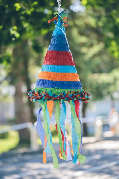 Foto close-up di un cappello decorativo colorato appeso agli alberi