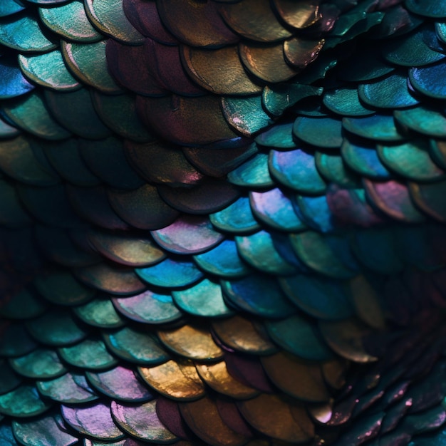 A close up of a colorful dragon scales.