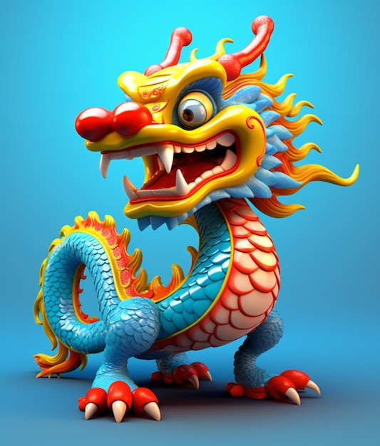A close up of a colorful dragon statue on a blue background generative ai