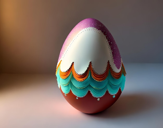 A close up of a colorful easter egg with a white and blue pattern.