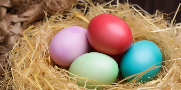 A close up of colorful easter eggs in a nest