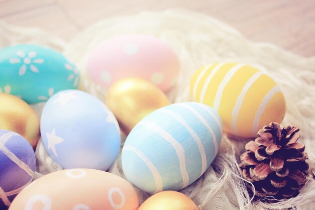 Close-up of colorful eggs on table