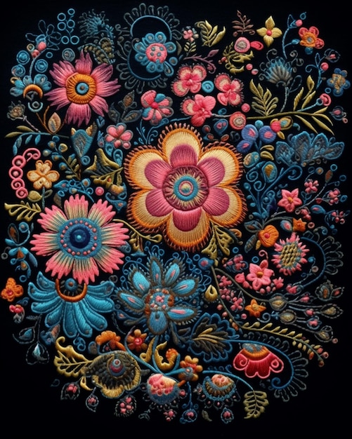 a close up of a colorful embroidered design on a black background generative ai