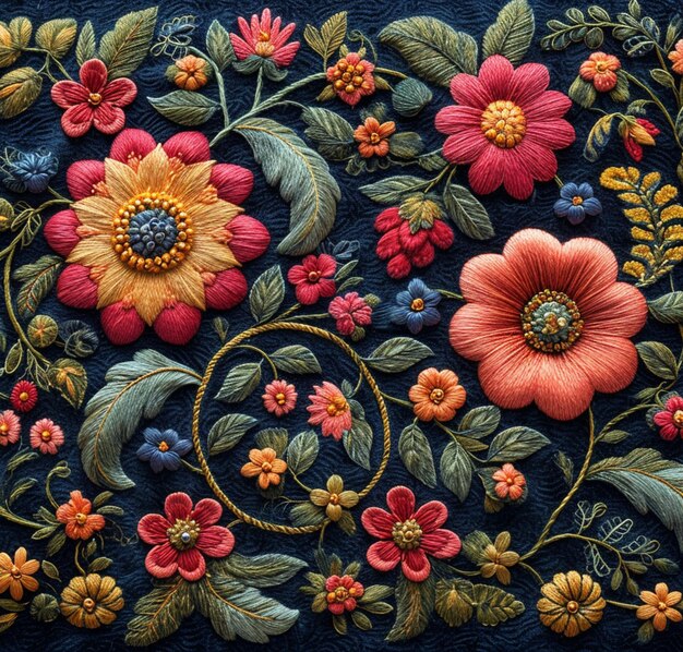 a close up of a colorful embroidered design with flowers and leaves generative ai