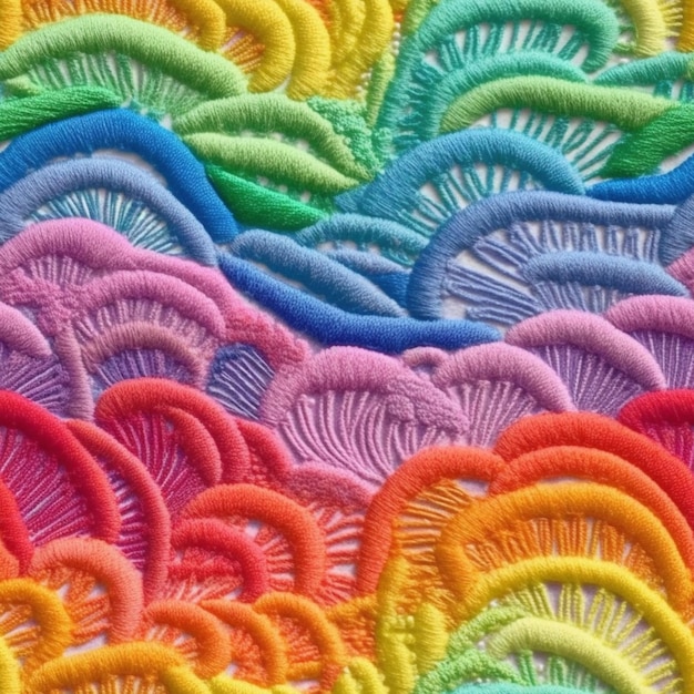 a close up of a colorful embroidered design with a wave generative ai