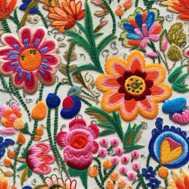 a close up of a colorful embroidered fabric with flowers and leaves generative ai