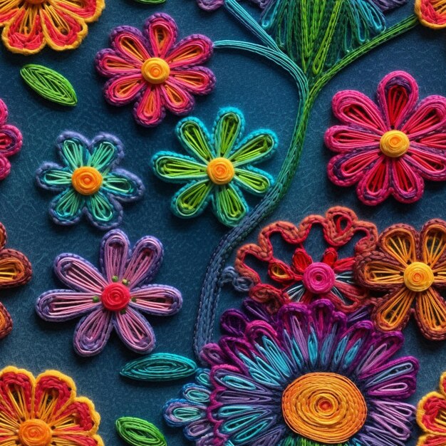 青色の背景にカラフルな刺繍の花のデザインの接写。生成型AI。