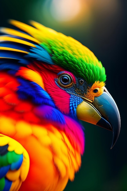 Close up colorful exotic bird forest landscape blured background