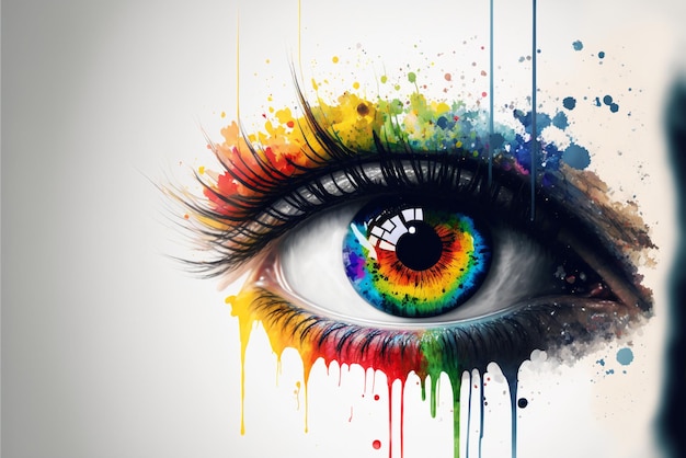 Close up of colorful eye looking with rainbow colored generative ai