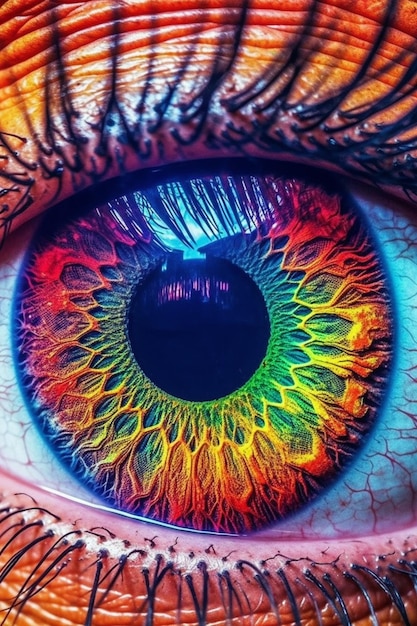 A close up of a colorful eye with a black pupil generative ai